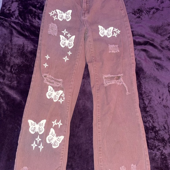 SHEIN Brown Butterfly Print Flare Jeans - Picture 1 of 2